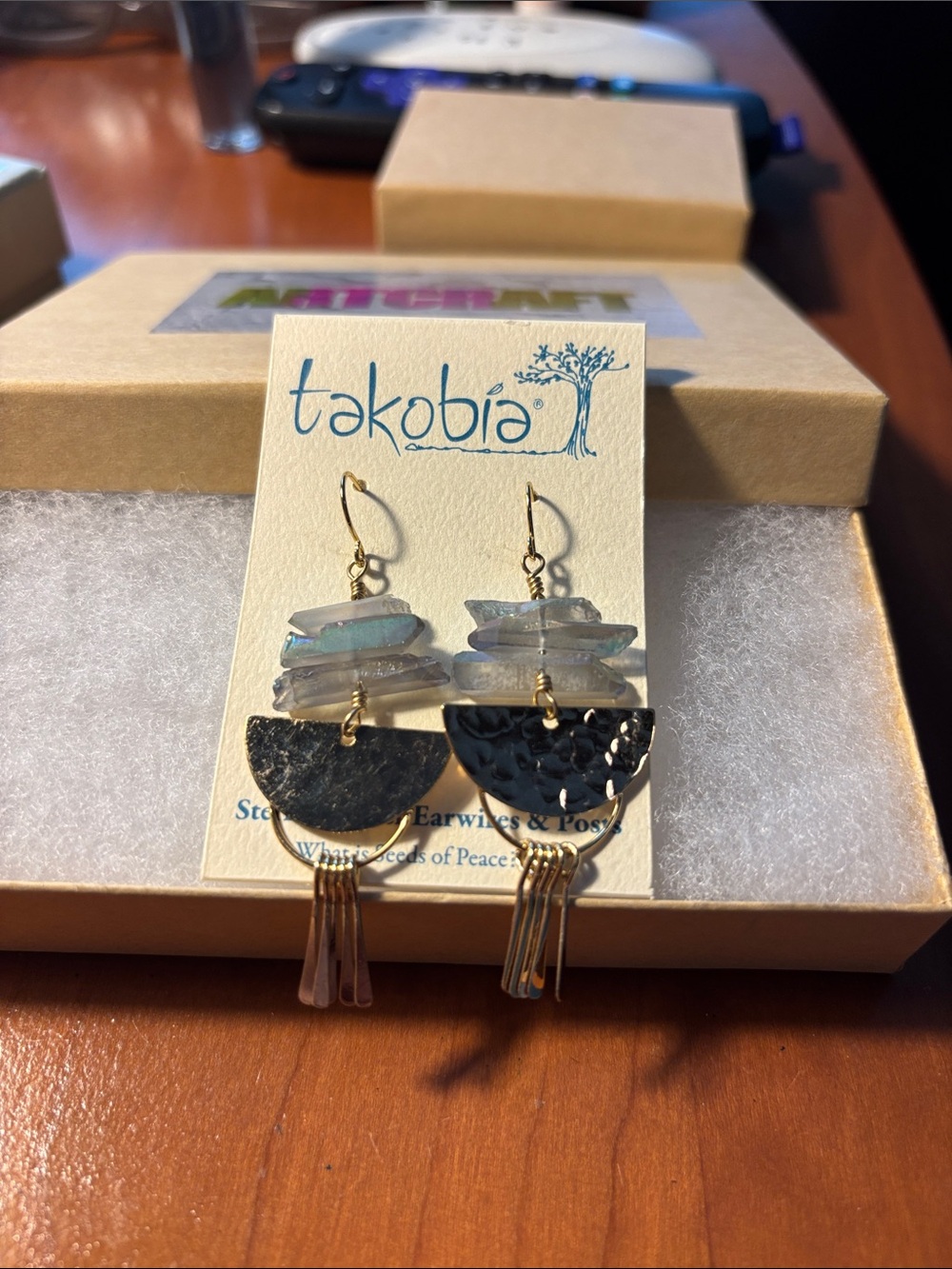 Craft Iridescent Gray-Gold Layered Drop Earrings with Hammered Gold  Half-Moons